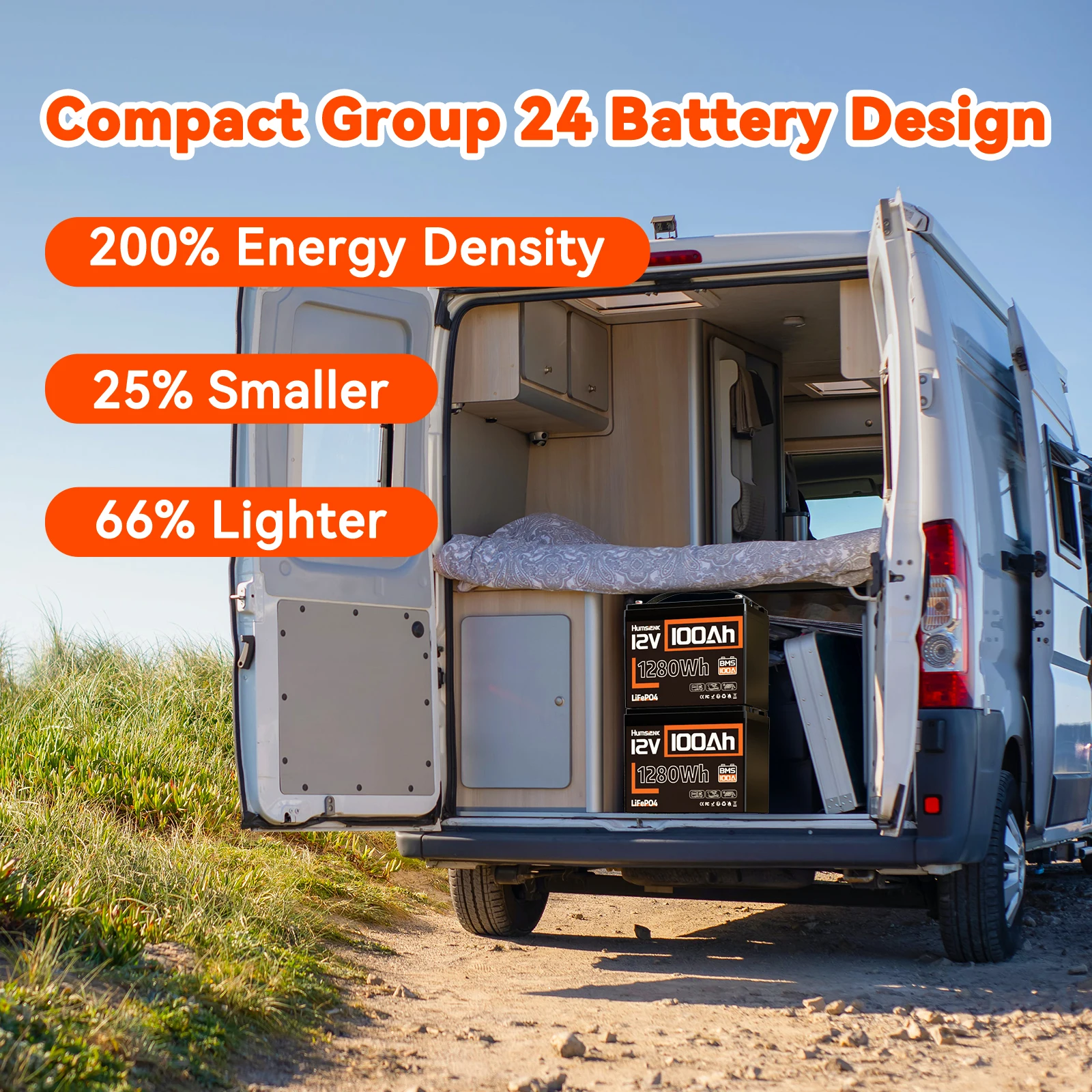 بطارية ليثيوم Humsienk LiFePO4 12 فولت 100 أمبير في الساعة مدمجة 100 أمبير BMS قابلة لإعادة الشحن لـ RV/Vans/عربة الجولف/البحرية/التخييم/ خارج الشبكة
