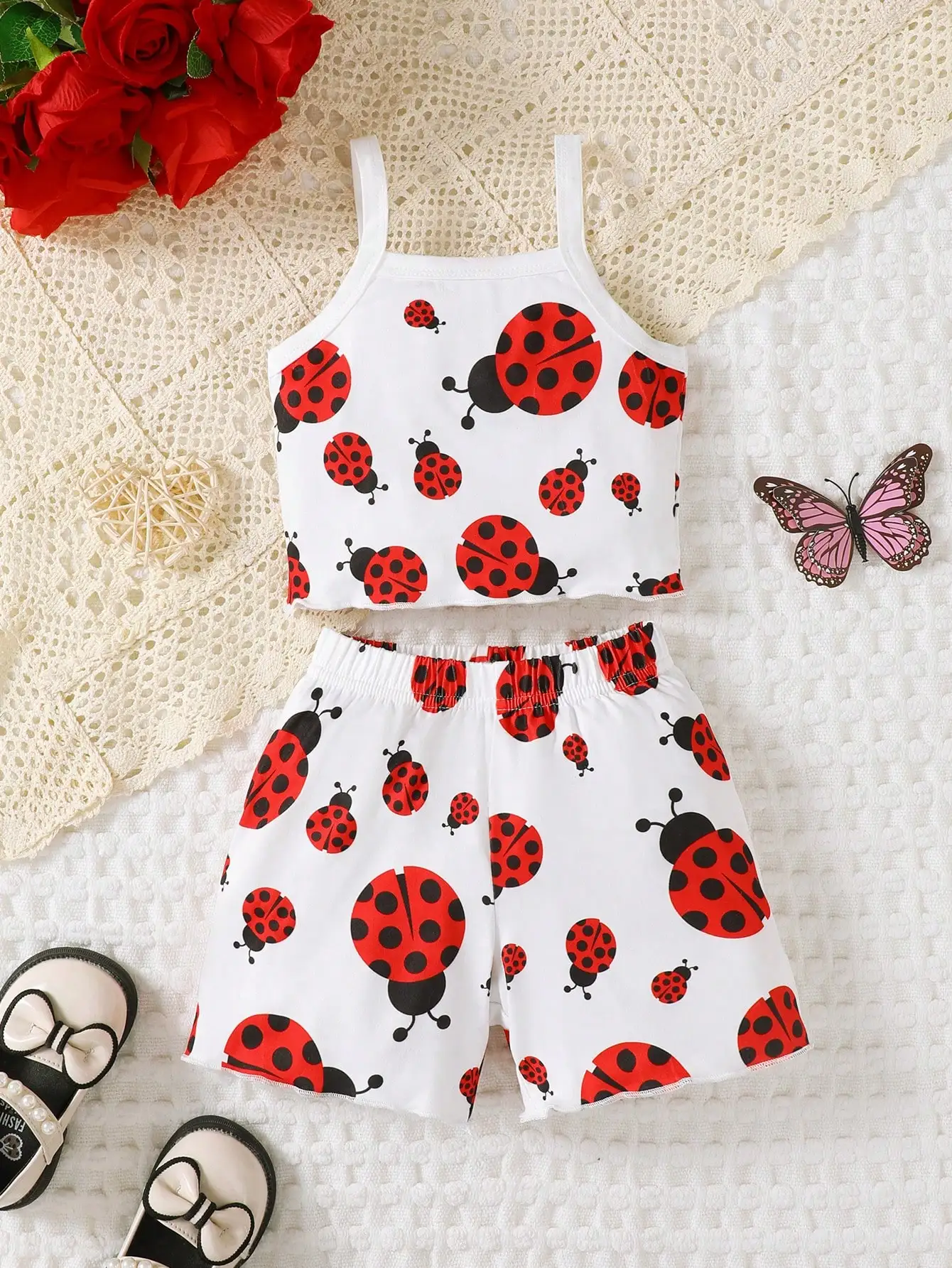 

Baby Girl's Cute Ladybug Print Tank Top + Elastic Waist Shorts Set