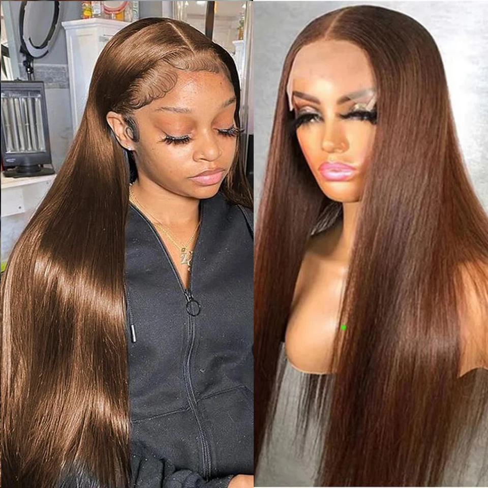 20-32 Zoll Schokoladenbraun Körperwelle 13x6 Transparente Spitze Front Echthaar Perücken Peruanisches Haar Farbige 13x6 Frontal Perücke Für Frauen