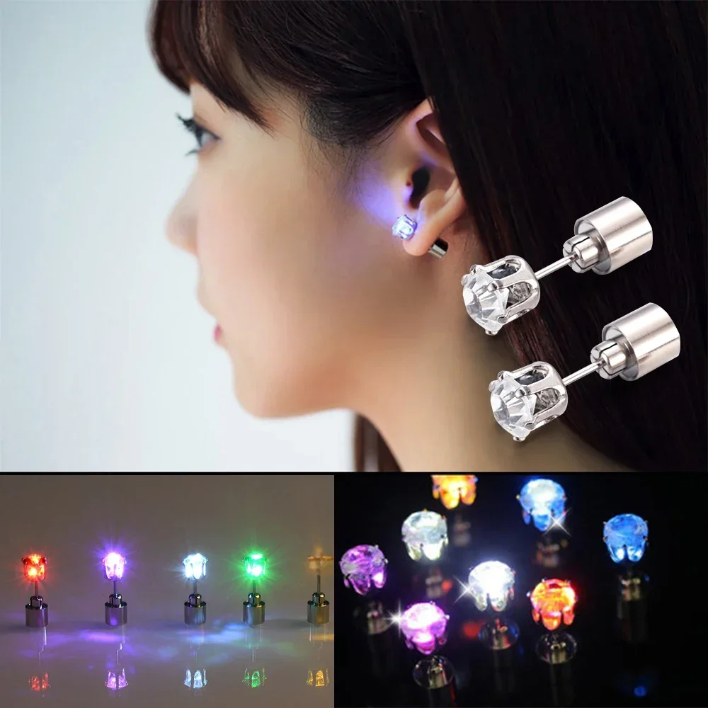 NONE Boucles d'oreilles carrées en Zircon pour hommes et femmes, 2 pièces, clous lumineux LED colorés, Bar Rave, fête de mariage, bijoux lumineux 3