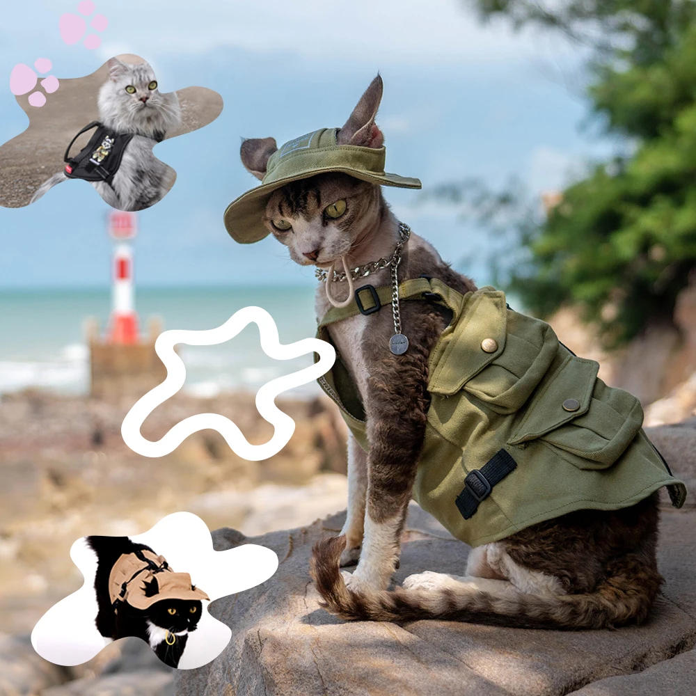 

Pet Tactical Cat Harness Vest Set with Hat Adjustable Safety Outdoor Walking Jacket with Handle, Breathable Mesh for Cats
