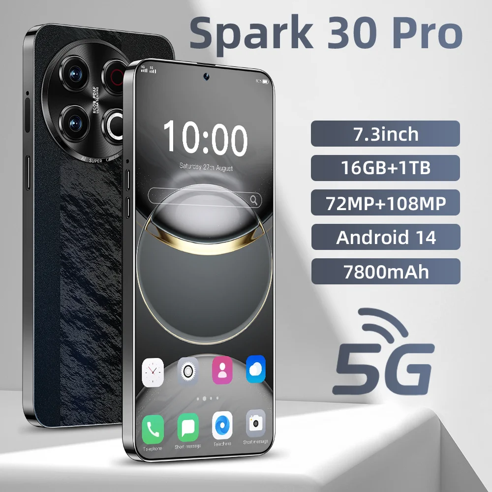 2025 New Original Global Version Mobile phone Spark 30 pro smartphone 5g 7.3inch HD 16G+1T 7800mAh Face unlocked 108MP Camera