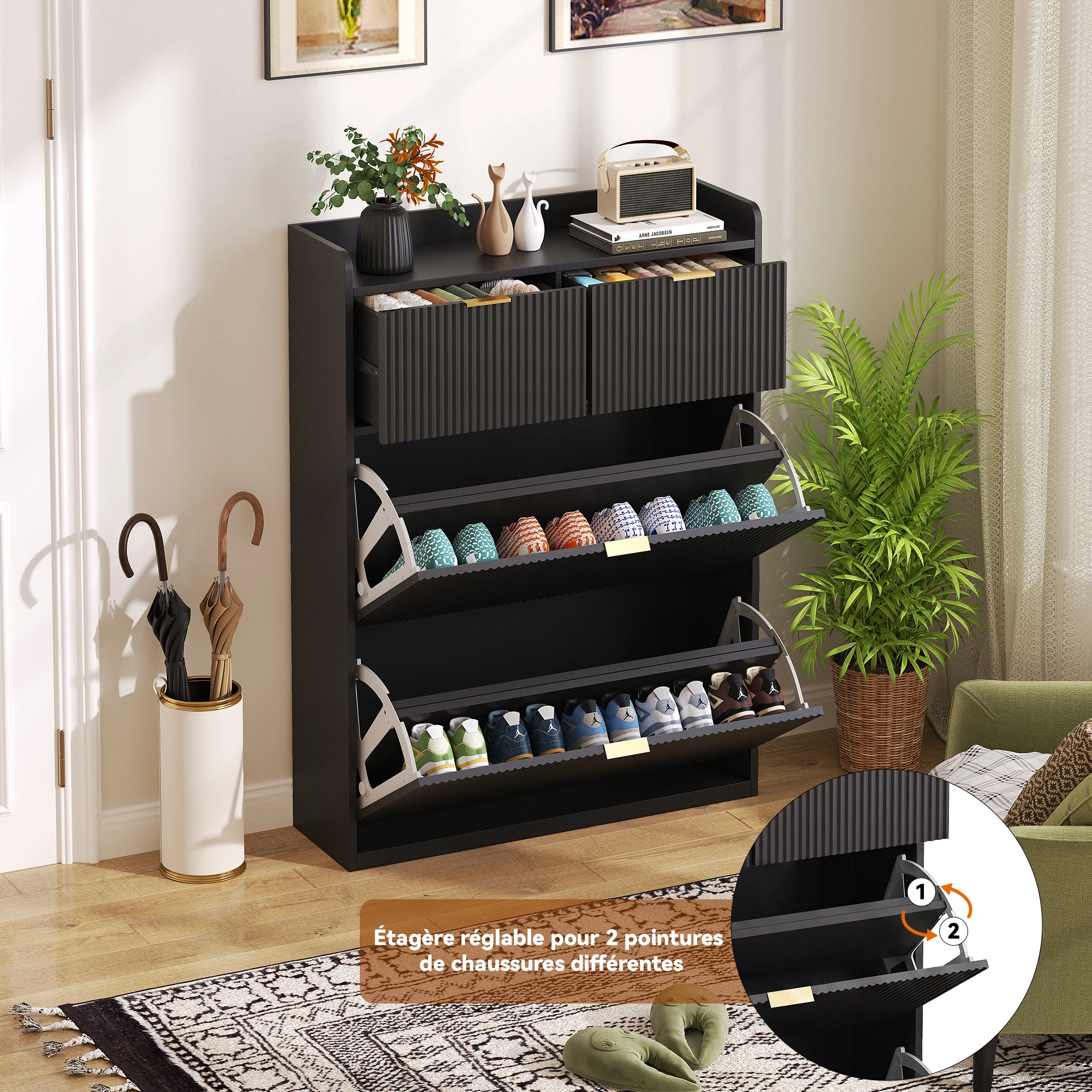 Geriffelter Schuhschrank mit 2 Klappschubladen und 2 Schubladen mit Griffmulden, moderner Eingangsschrank mit goldenen Griffen, schmaler Schuhorganizer für Wohnzimmer, Flur und Schlafzimmer – Detail 11