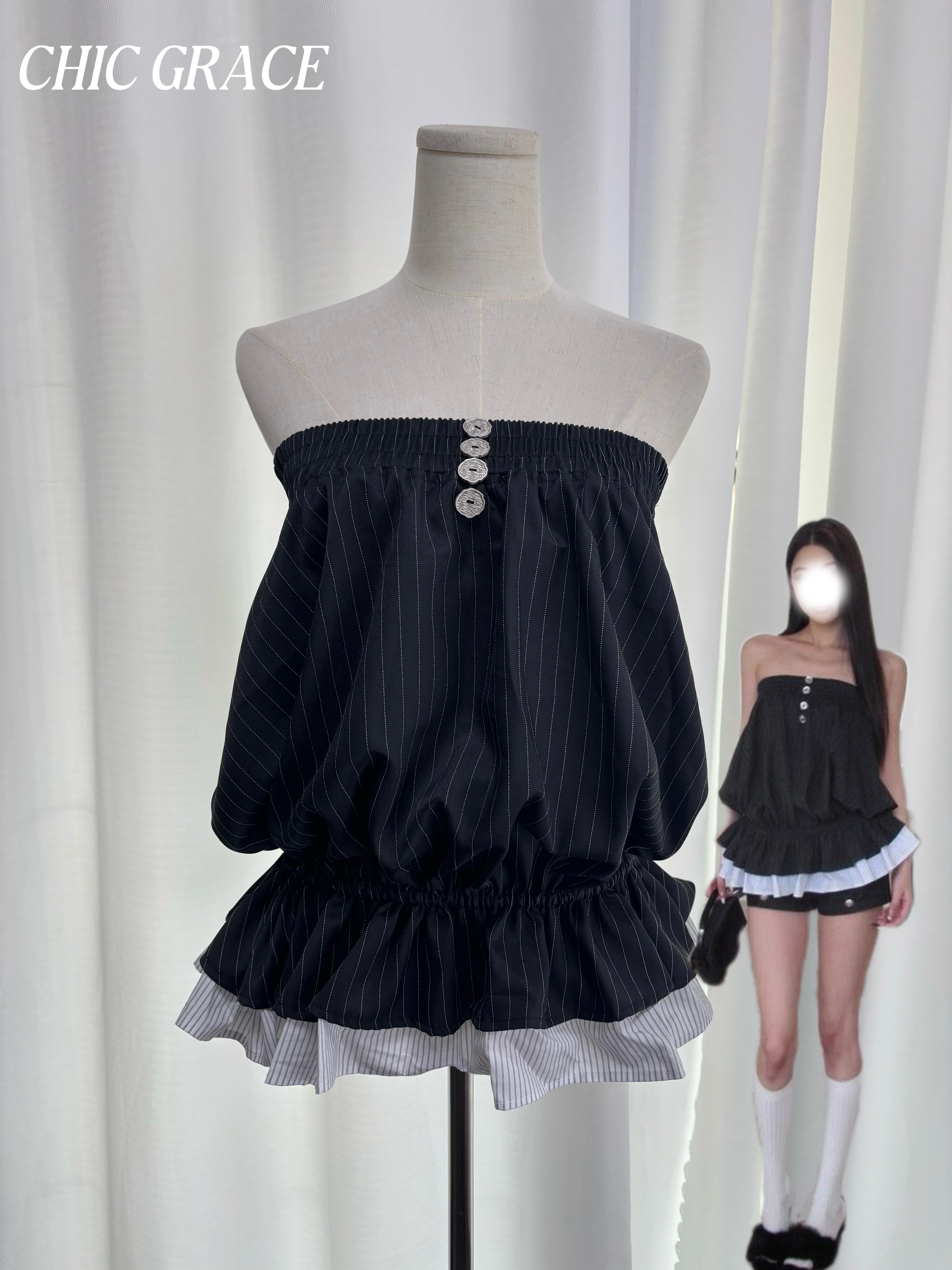 

Real Shot Black Striped Ruffle Hem Tube Top Contrast White Trim Layered Puff Bustier Blouse Summer Sleeveless Party Clubwear