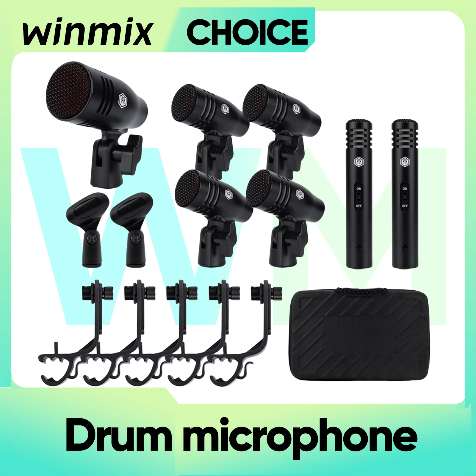 Winmix-Kit de micrófono de tambor dinámico profesional, 7 piezas, instrumento de bajo/patadas, platillos Tom/Snare, juego de micrófono para escenario, fiesta, actuación en vivo
