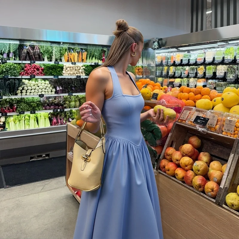 فستان نسائي متوسط الطول باللون الأزرق المريمية: مشد برقبة مربعة وتنورة واسعة على شكل حرف A - قماش منظم للخريف/أنيق رسمي متواضع #3