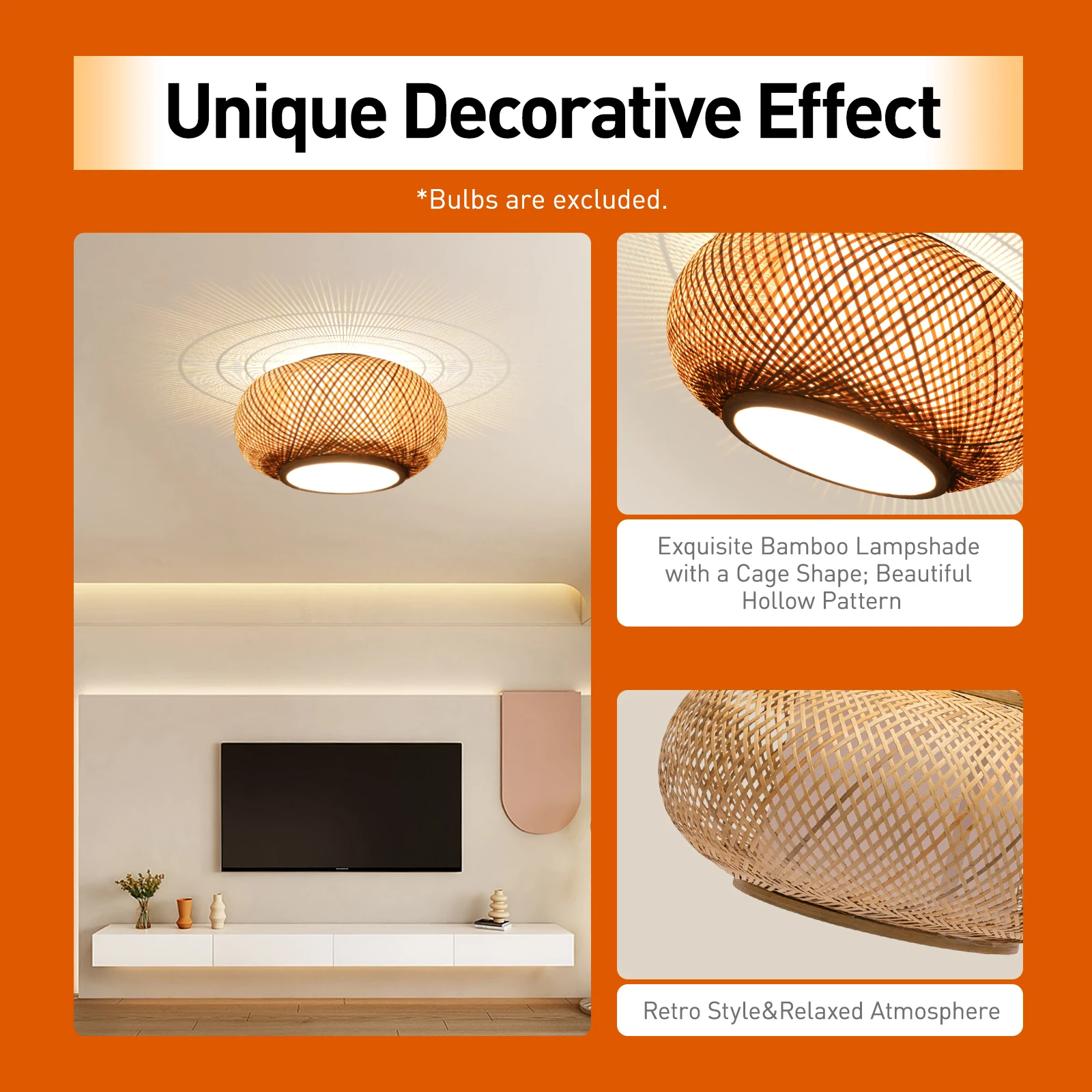 

Round Vintage Hanging Ceiling Lamp Bamboo Wicker Rattan Pendant Light Fixture Soft &Warm Lighting For Cafes, Restaurants, Bars