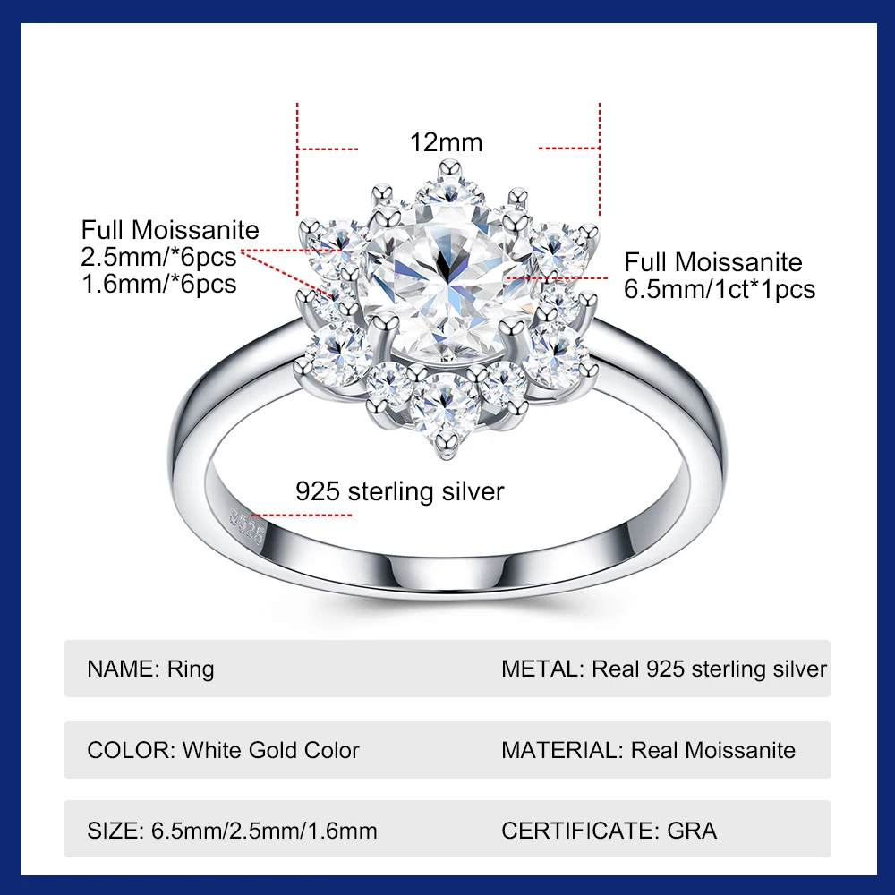 1CT All Moissanite Rings for Women Solid 925 Sterling Silver 18K White Gold Plated Luxury Flower Halo Engagement Ring GRA