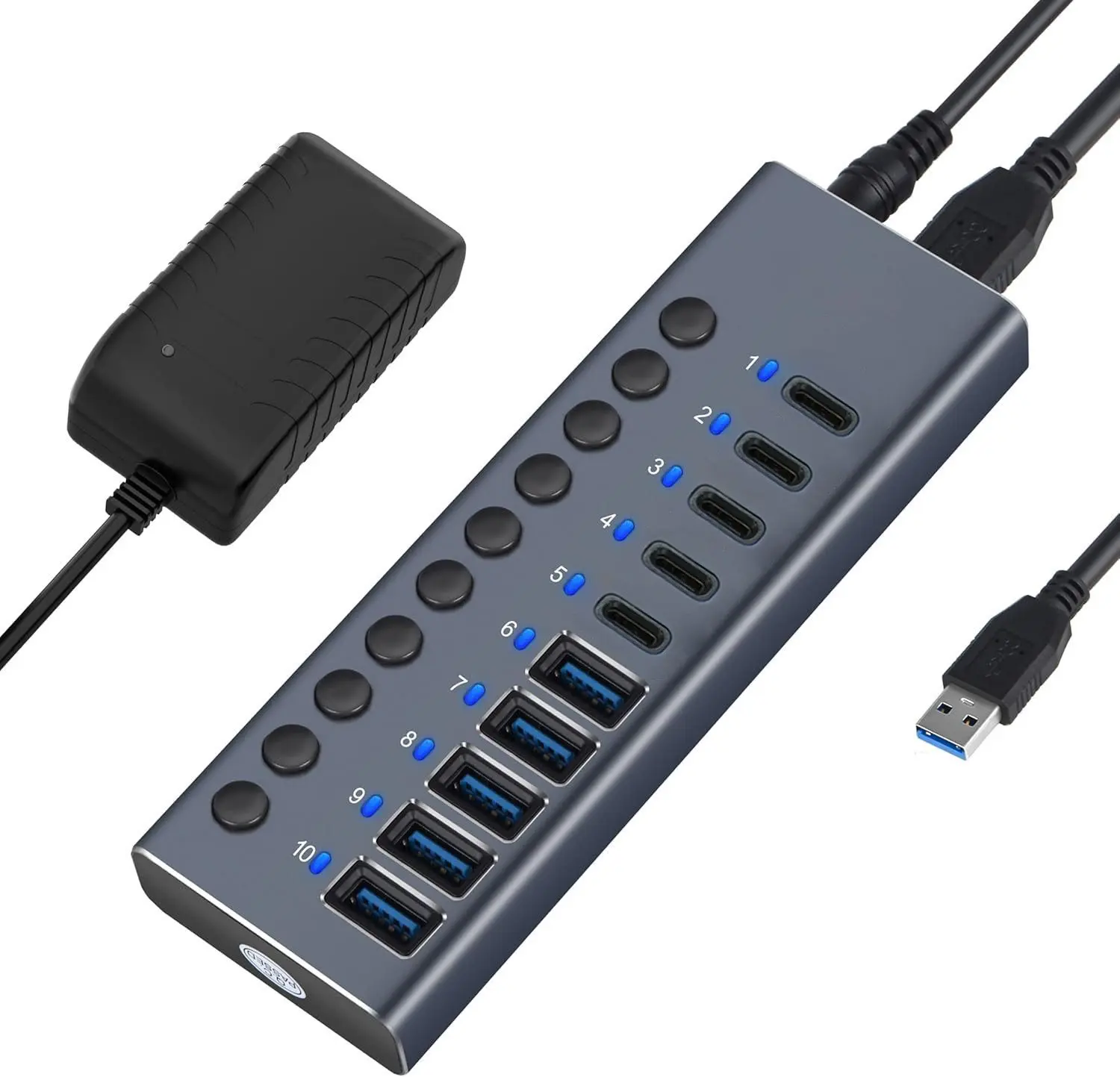 10-in-1 USB-C Hub 5x USB-C + 5x USB-A 10Gbps 96W Switch Hub (LED, Aluminium, voor PC/Laptop)