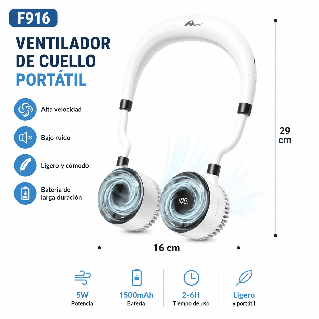 Mini Ventilador de Cuello Portátil 5W, Recargable, Sin Aspas, Enfriamiento Rápido para Verano