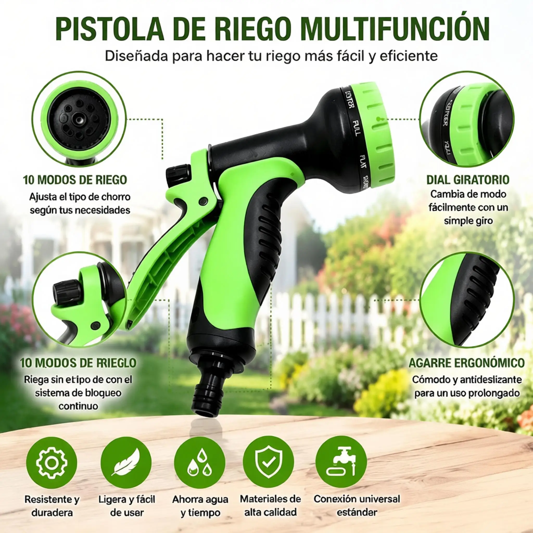 Pistolet d'arrosage de jardin multifonctionnel, poignée ergonomique antidérapante, plusieurs modes de jet, matériau durable pour l'arrosage et le nettoyage en extérieur