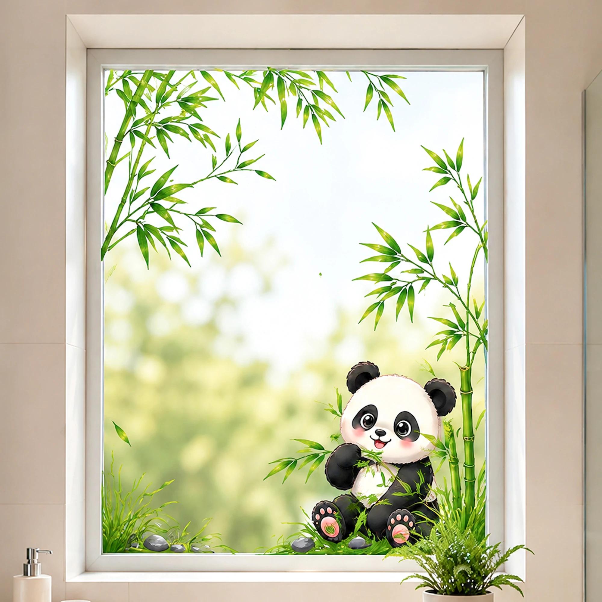 Cute Panda with Bamboo Bathroom Mirror Sticker, Green Leaf Wall Decal for Kids Room Toilet Glass Door Vanity Home Decoration view 5