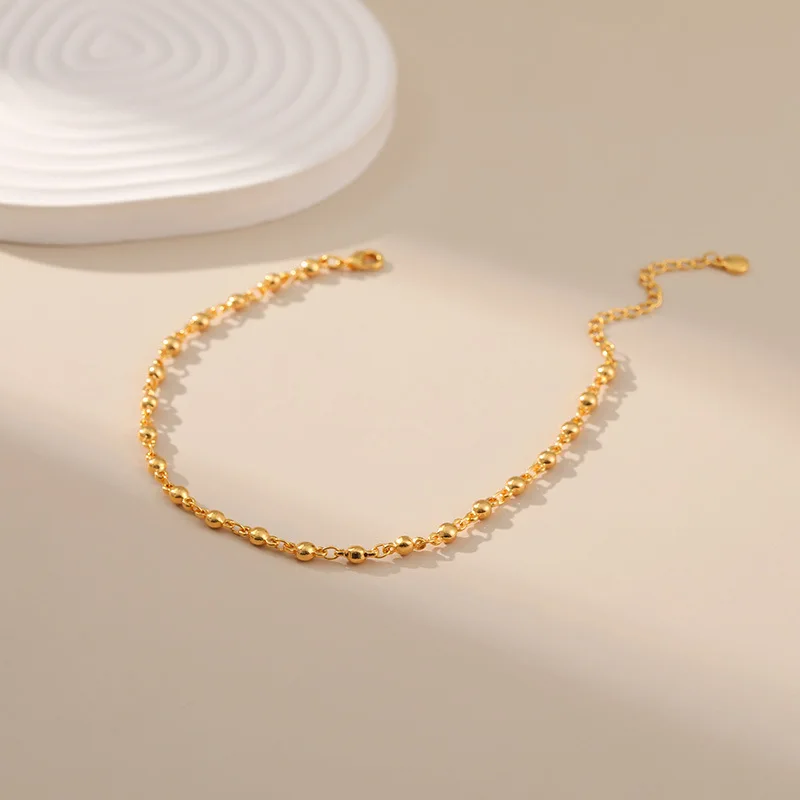 Simple Gold Color Beads Chain Summer Waterproof Metal Women Anklets Fancy 18K Gold Plated European Foot Accessories Nice Jewelry