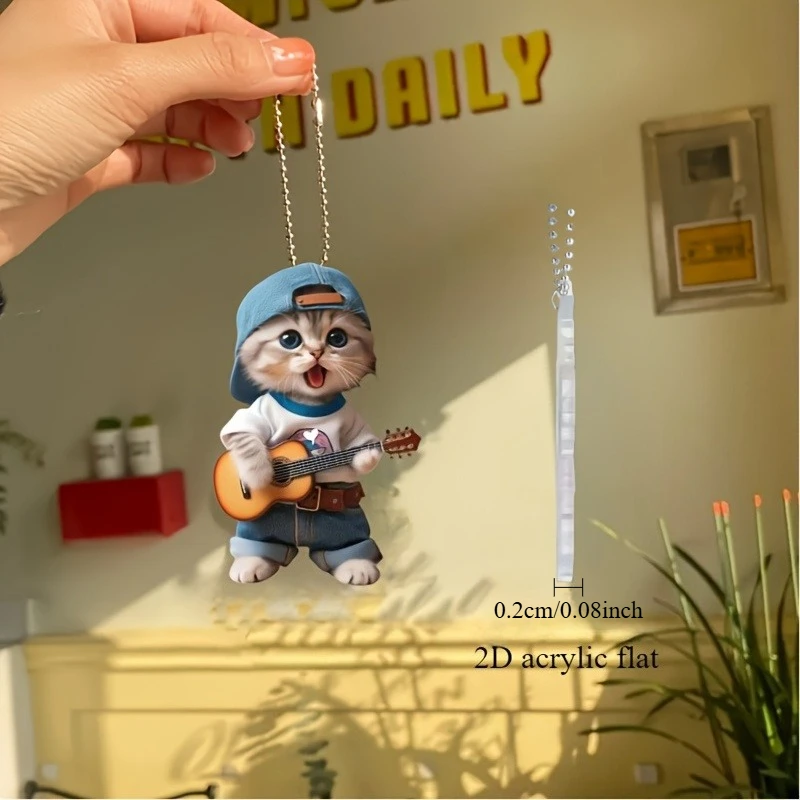 5-Pack 2D Flat, Realistic Kitten Guitar-Playing Pendants – Cute Cat Guitar Charms for Car Rearview Mirrors and Keychain Accessories – Adorable Kitten Music Gifts Designed for Cat Lovers, Birthdays, Mother's Day, and Anniversaries, 2D Flat