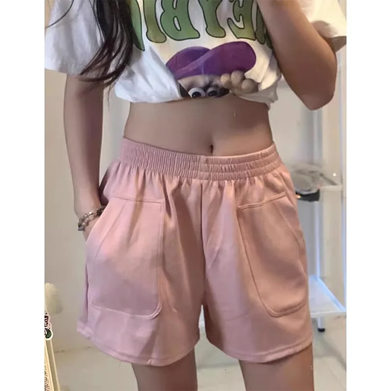 Summer 2026 New Korean Style Women's Shorts Fashion Elastic Waist Casual Shorts Large Pocket Wide Leg Solid Color Half Pants