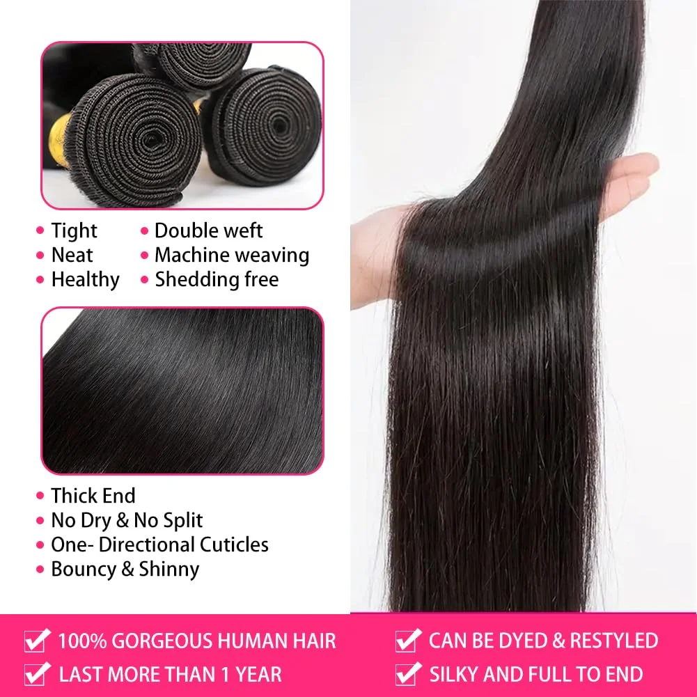 Cabelo humano brasileiro 3 pacotes 100% não processado feixes de cabelo virgem reto trama dupla extensões de cabelo humano preto 3 pacotes