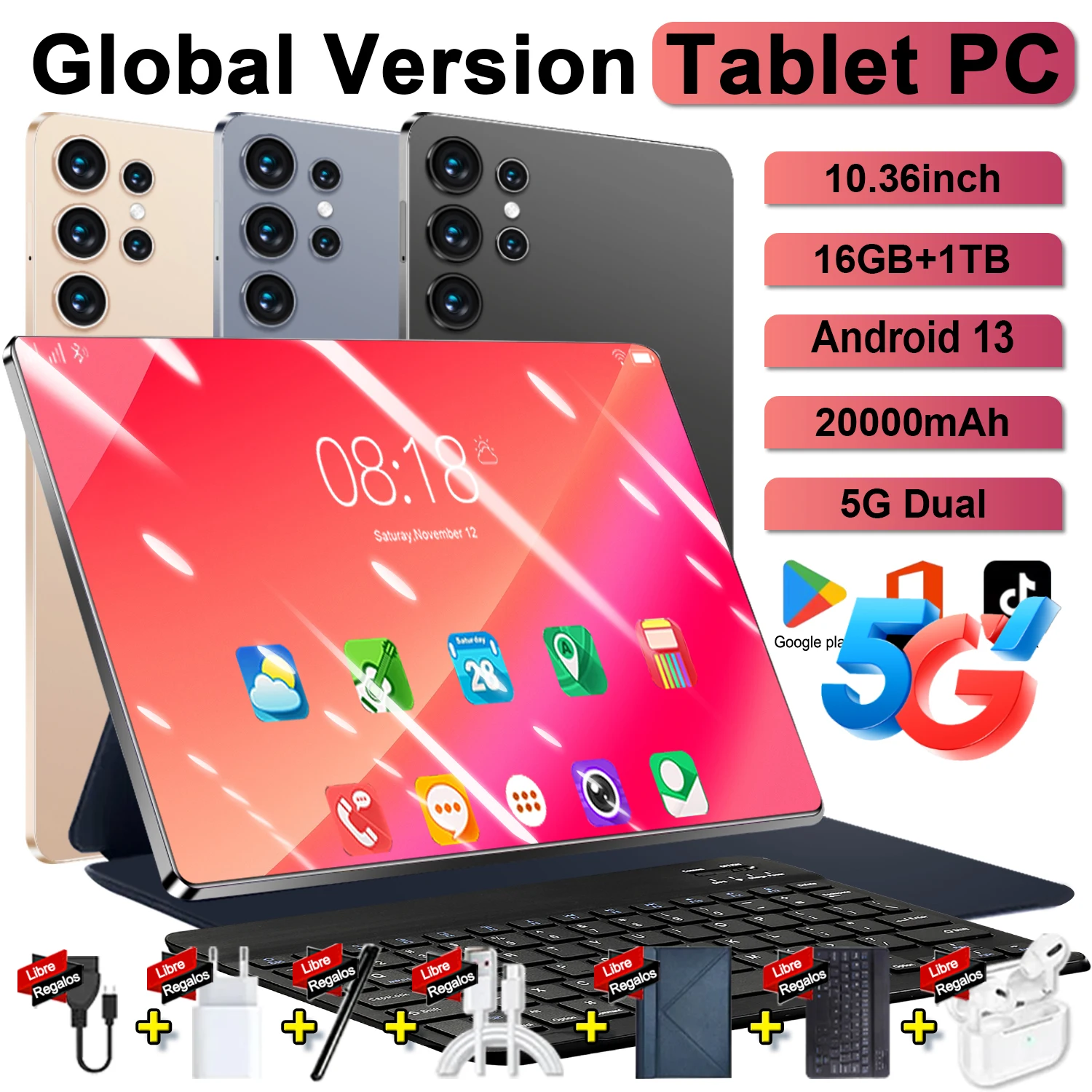 Tablette Originale 2026 5G Double SIM WIFI 10,36 pouces Android 13 Global 16 Go 1 To 20000 mAh 14 cœurs Écran HD Plein Écran Réseau Global GPS
