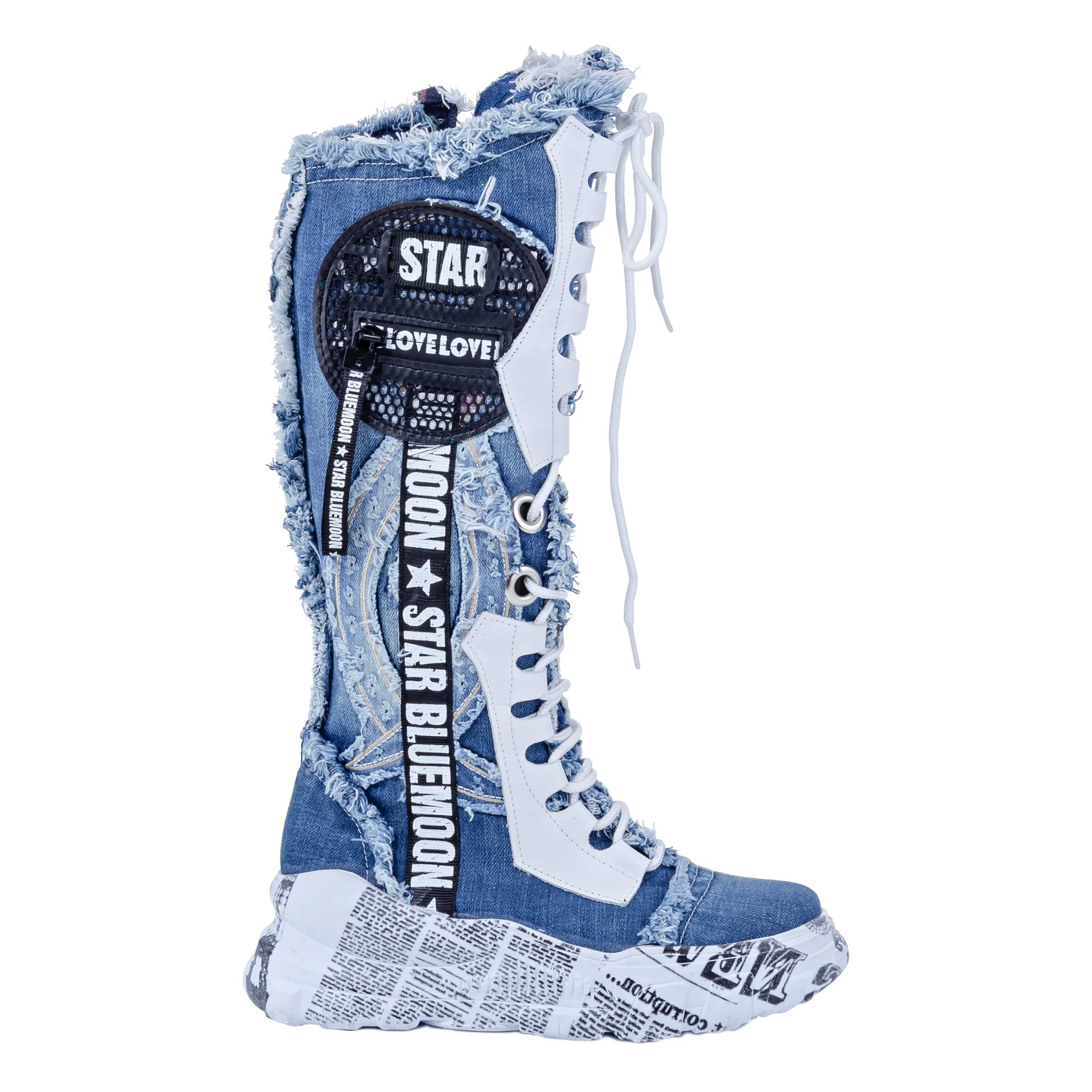Denim Boot Above Knee Boots Handcrafted Sexy Design Blue Pattern Embroidered Denim Women\'s boots birthday present