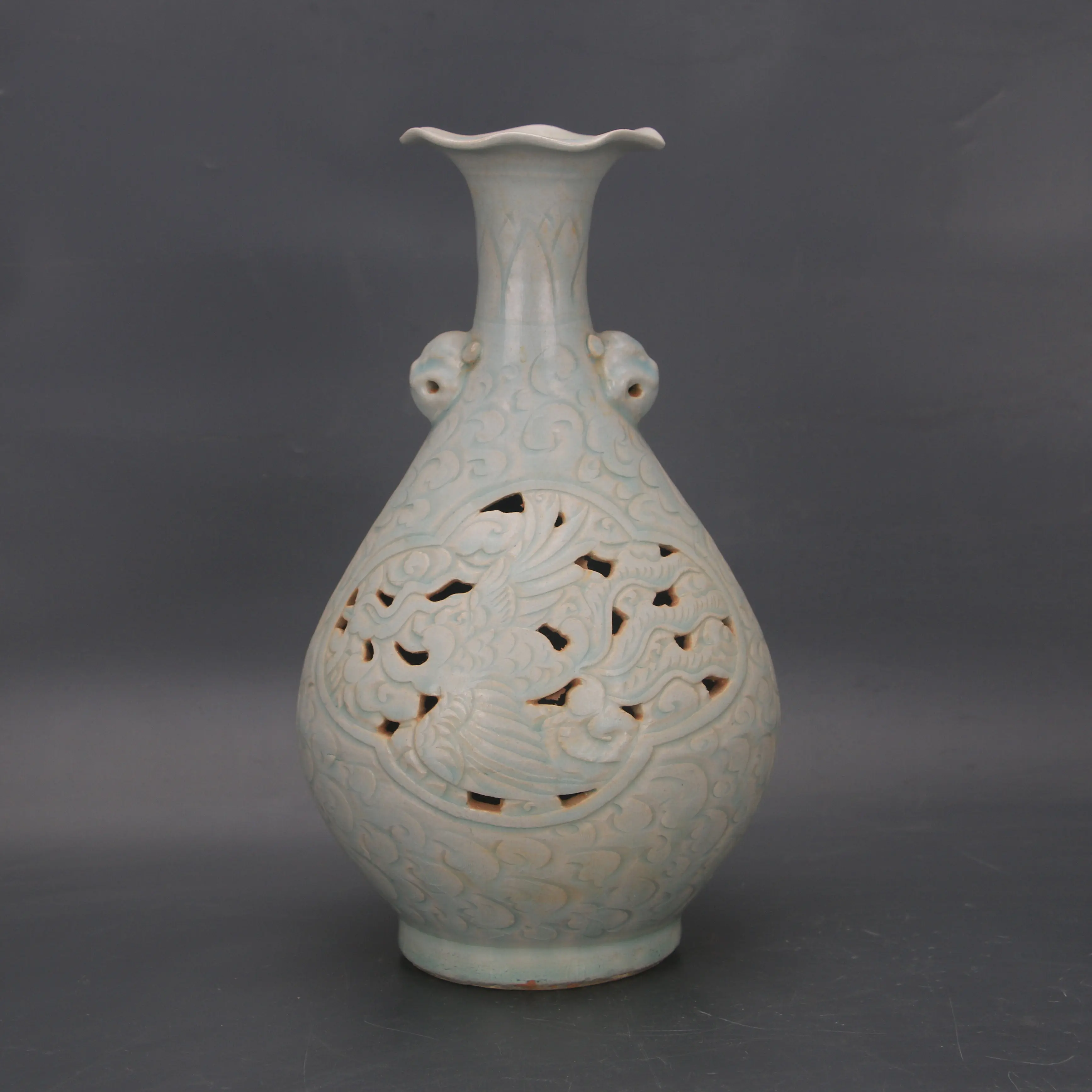 Song Dynasty Style Hutian Kiln Yingqing Glaze Double Ear Phoenix Openwork Carved Yuhuchun Vase Handmade Ceramic Collectible