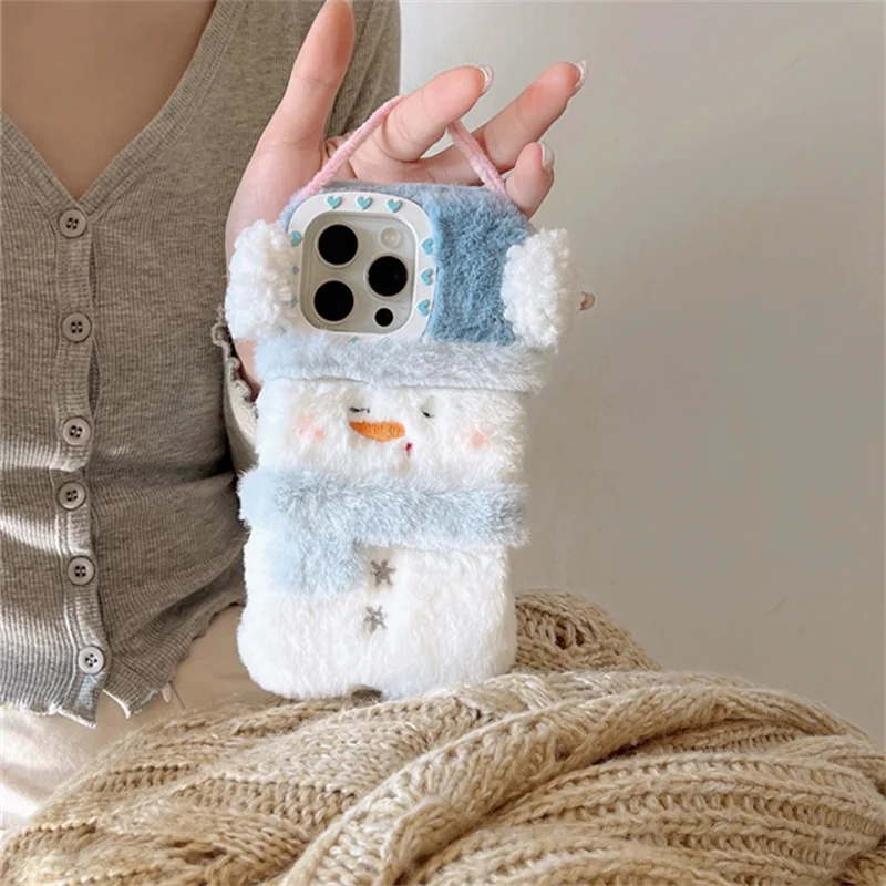 

Kawaii Cartoon 3D Snowman Soft plush phone Case for iPhone 16 Pro Max Case 15 Pro 14 13 12 Pro Max 11 Fluffy warm winter furry