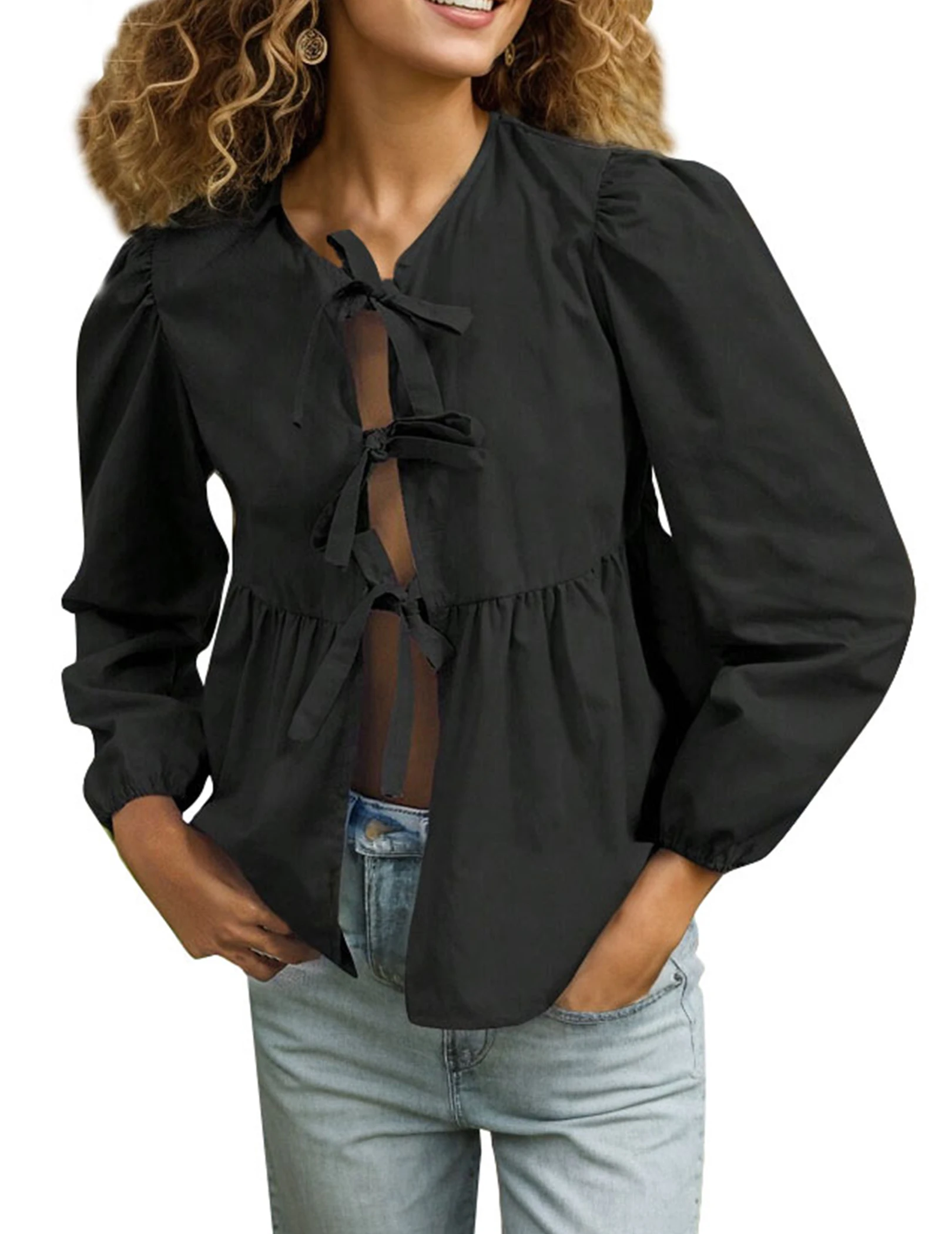 

Women's Fashion Shirt Casual Solid Color Mix Round Neck Bow Ruffled Hem Puff Sleeves Bow Tie Casual Shirt Top