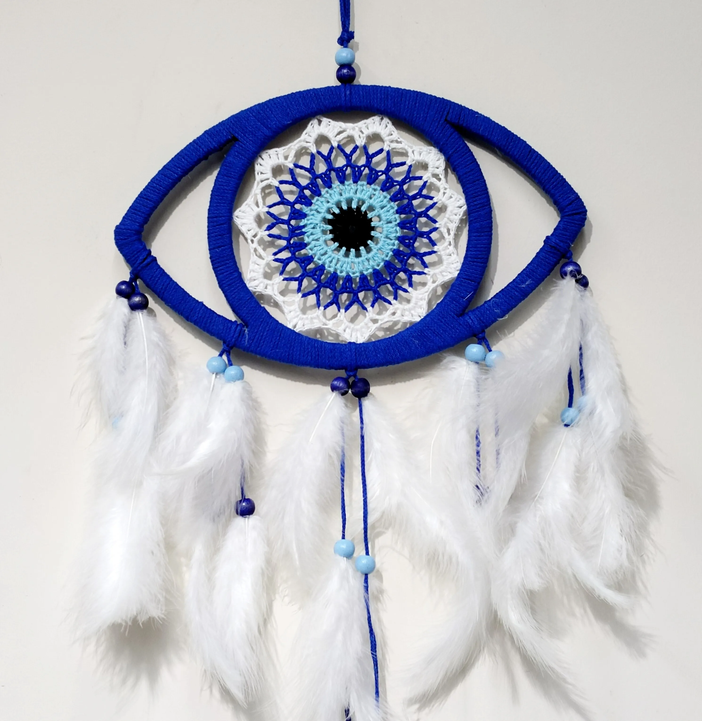 Eye Pattern Evil Eye Bead Motif Bird Feather Handmade Blue Dreamcatcher Wall Decor