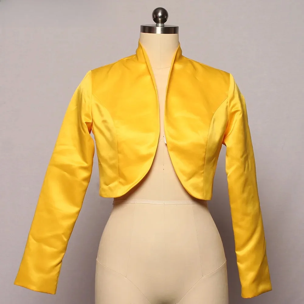 Żółte satynowe bolerko ślubne Tippet Shrug Bridal Jacket Stole Wrap Long Sleeve Lined Custom Made Ivory Wedding Caps Mingli Tengda — zdjęcie 2