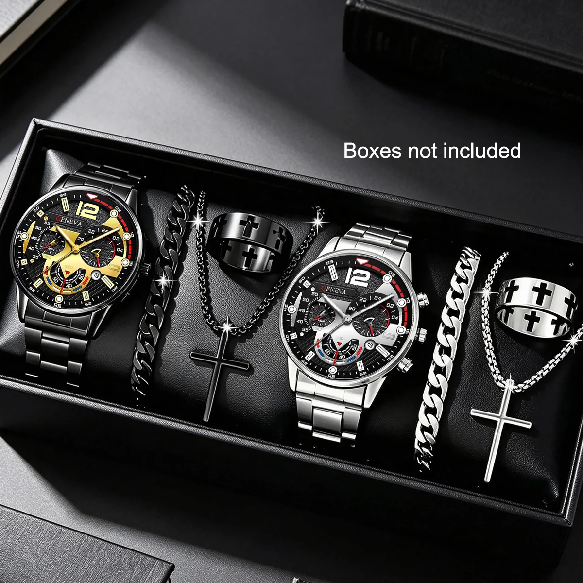 8-Piece Men's Quartz Watch Set, Featuring a Round Dial, Bracelet, Cross Necklace, and Ring