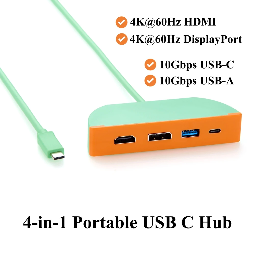 4-in-1 Portable USB C Hub, Multiport Adapter With Dual Monitor 4K@60Hz HDMI DisplayPort, 10Gbps USB-C and USB-A Data Ports