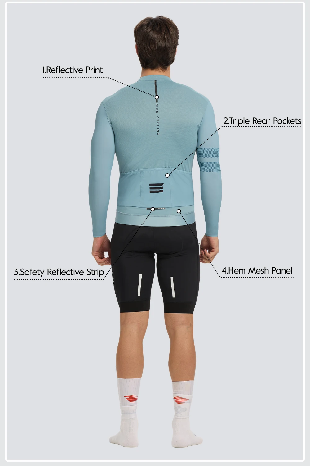 RION Herren-Radtrikot mit langen Ärmeln, Rennradtrikot, UPF 50+ Sonnenschutz, MTB-Radtrikot, Outdoor-Ausrüstung, schmale Passform, Größe 15-24 ℃ – Detail 12