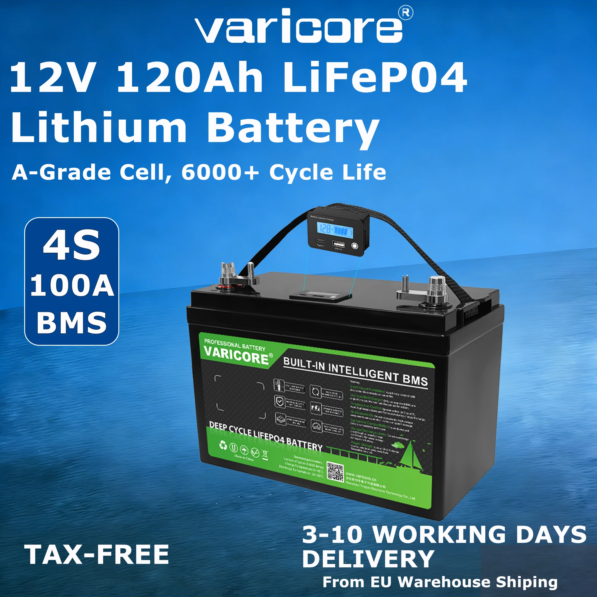 Varicore 12.8V 120AH LiFePO4 Batterij 12V Lithium Batterijen 6000 Cycli USB3.0 Type-C uitgang Camper Solar Wind Belastingvrij
