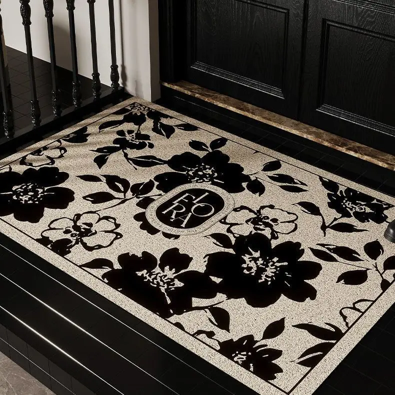 PVC Anti-slip Doormat, Silk Loop, Custom Home Leaves Foot Mat, Doormat, Small and Large Size, Porch, Flora, White and Black