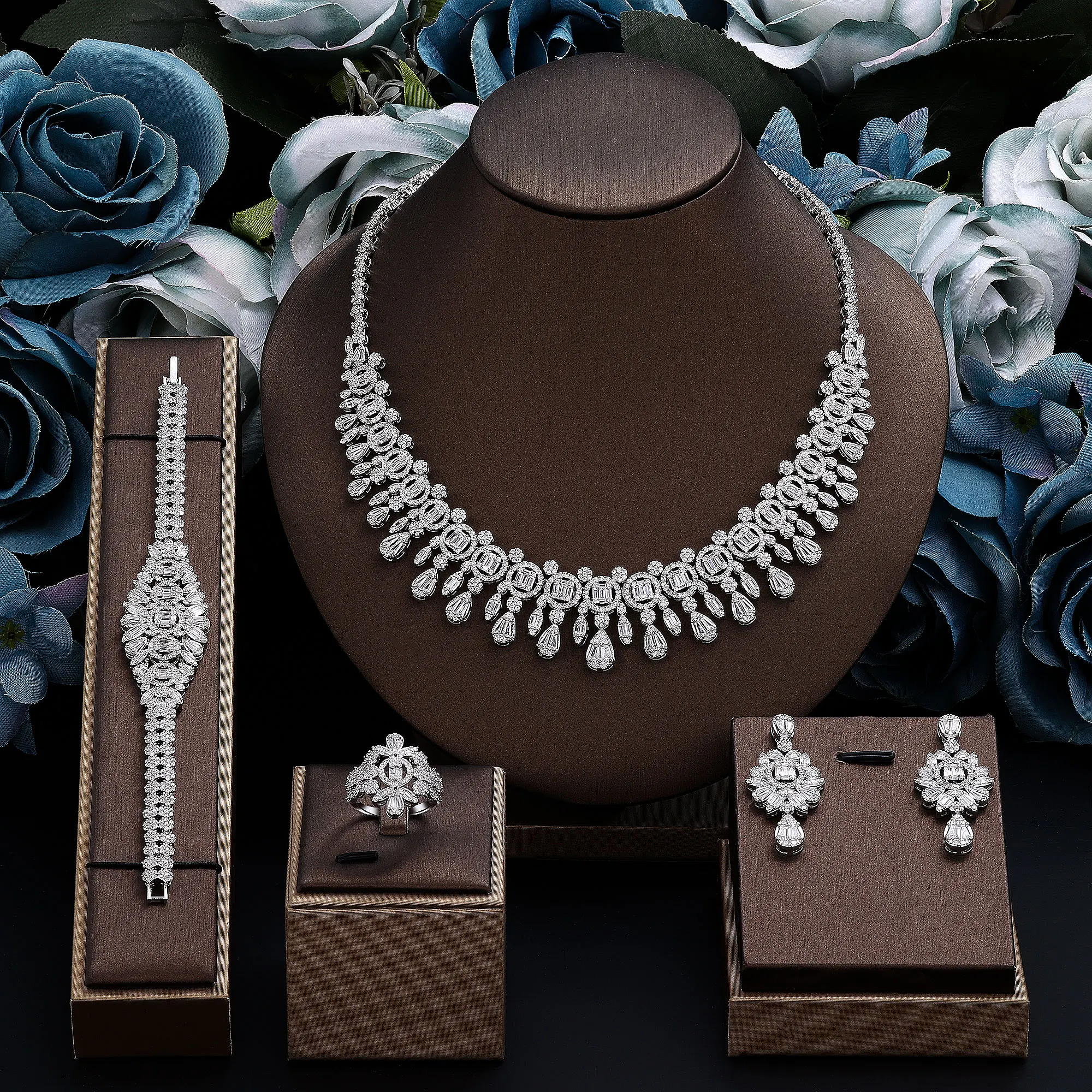 

Nigeria Bridal Zirconia For Women Party Luxury Dubai Necklace Bracelet Earringa Rings CZ Crystal Wedding Jewelry Sets