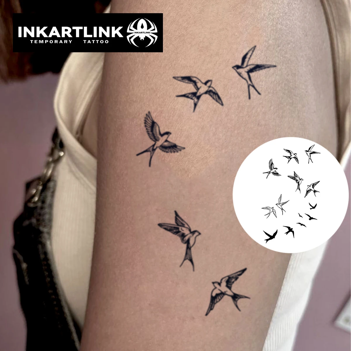 ملصق وشم مؤقت على شكل قطيع من الطيور، وشم سحري مقاوم للماء، وشم مزيف يدوم حتى 15 يومًا، وشم شبه دائم. #2
