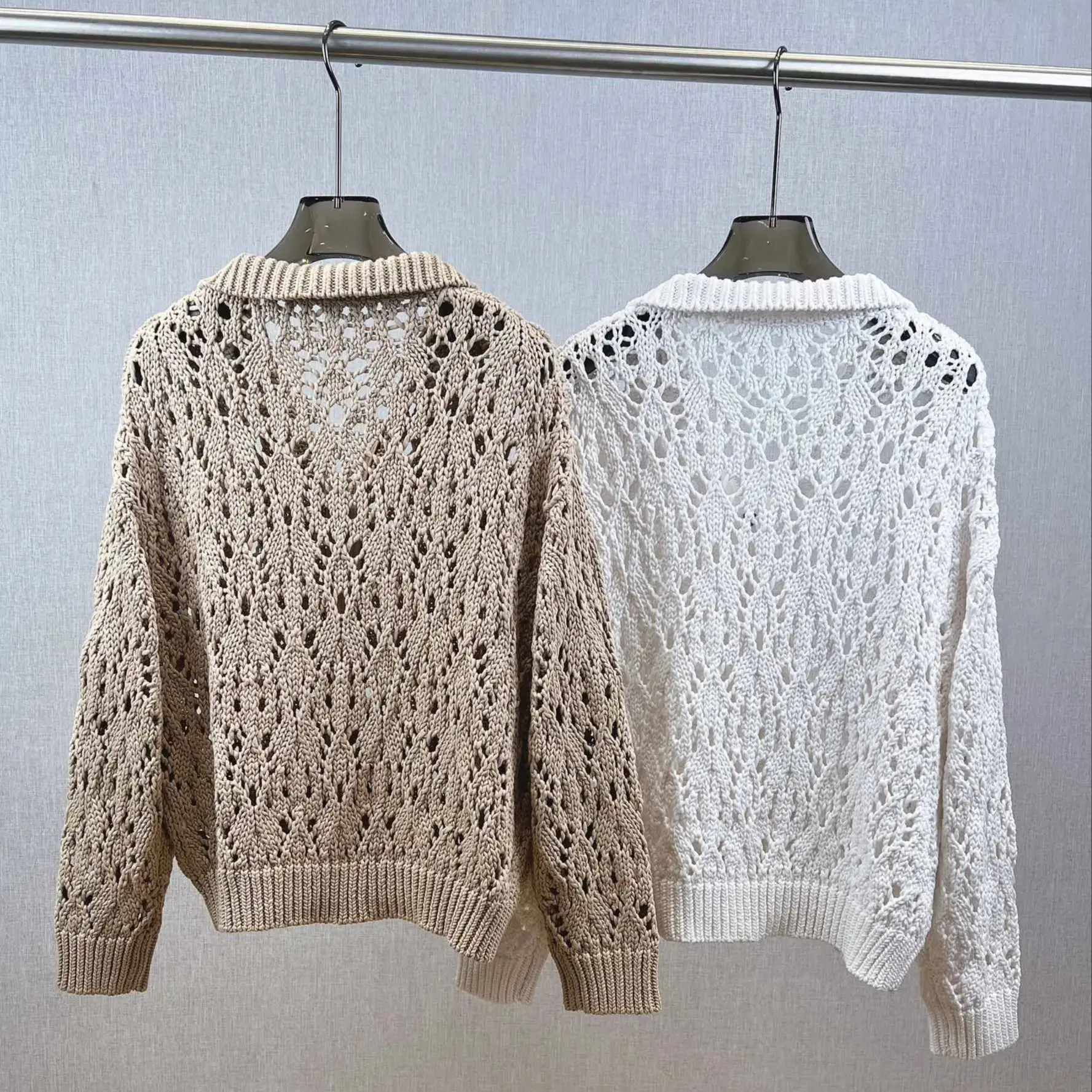 Elegant beading decorated high collar crochet zip cardigan