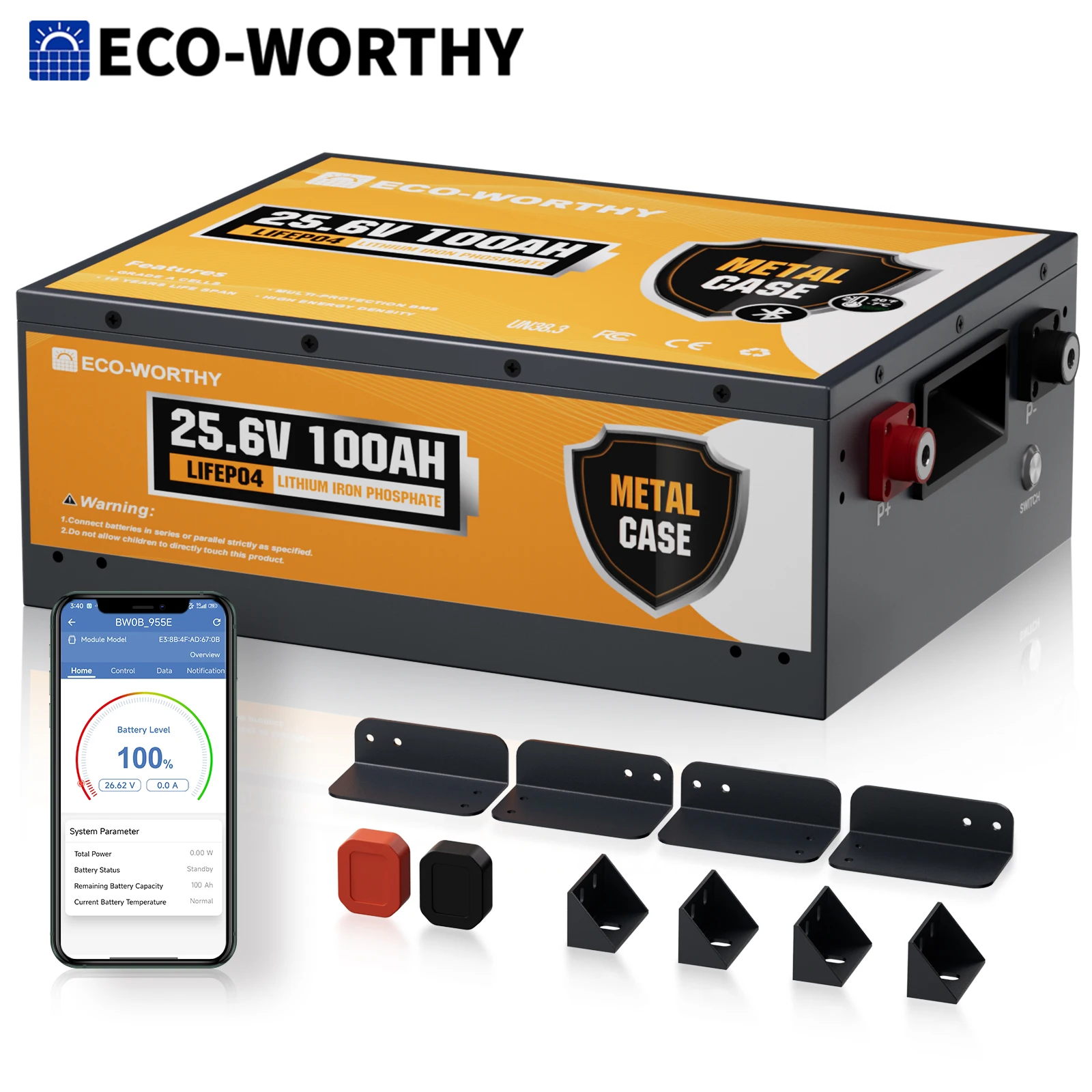 ECO-WORTHY 24V 100Ah Metal Case LiFePO4 Lithium Battery with BT 5.1 with Low-Tem Protection, Max. 2560W for Off-Grid