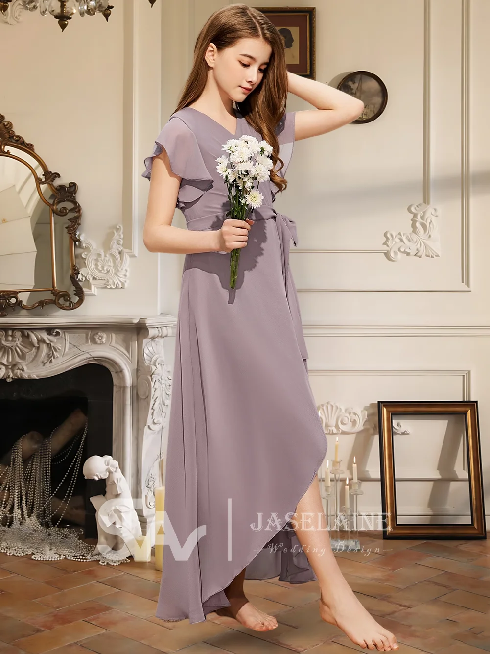 Элегантное шифоновое платье трапециевидной формы с v-образным вырезом для подружек невесты, асимметричное платье для свадебной вечеринки, платье с цветочным узором для девочек, официальное платье для особых случаев