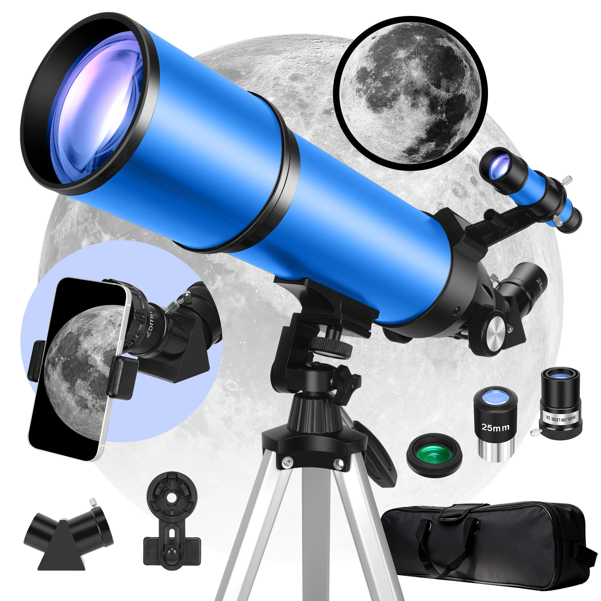 Telescopio Astronómico Refractor de 80 mm de Apertura y 600 mm de Distancia Focal, Apto para Adultos y Principiantes, Aumento de 180X, Incluye Trípode, Soporte para Teléfono y Bolsa de Almacenamiento
