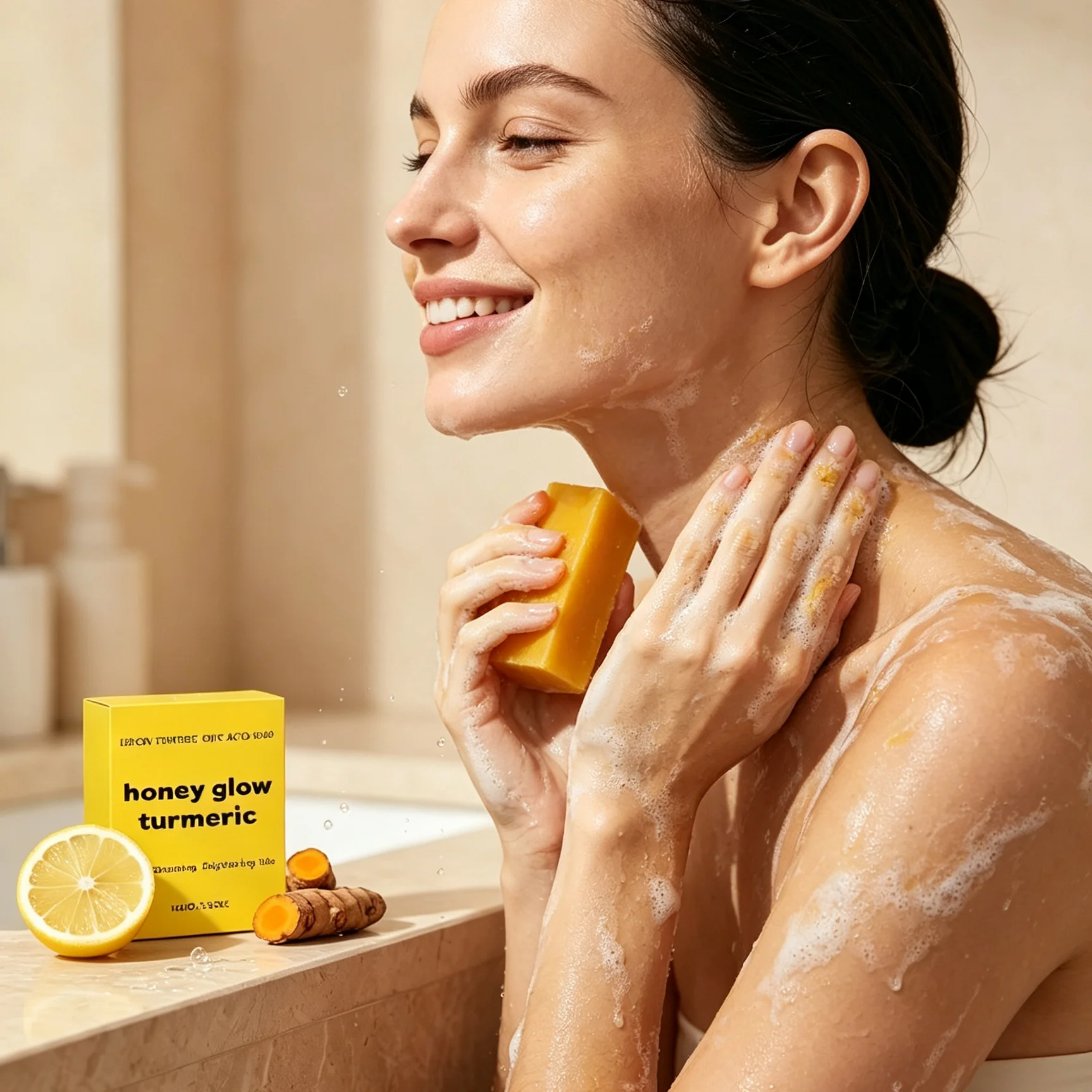 Lemon Turmeric Kojic Acid Soap Honey Deep Cleaning Refreshing Glowing Skin Care Products Soft Smooth Body Lightening Soap 100g