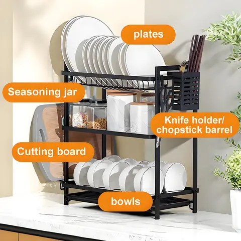 रसोई का काला तीन-स्तरीय बाउल रैक और ऑर्गनाइज़र, प्लेट, चॉपस्टिक होल्डर और चाकू रखने के लिए बर्तन सुखाने का रैक 10 best sales प्लेट भंडारण - №6