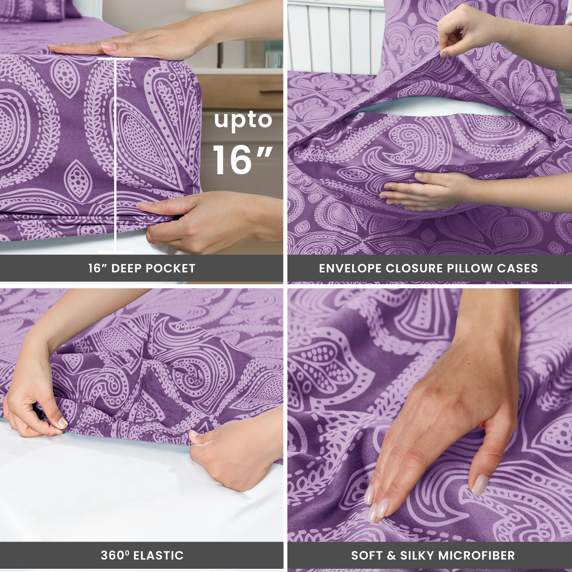 مجموعة ملاءات سرير بيزلي مكونة من 4 قطع من لوكس ديكور - ملاءات من الألياف الدقيقة المصقولة الناعمة مع جيوب عميقة مقاس 16 بوصة - فراش مقاوم للتجاعيد