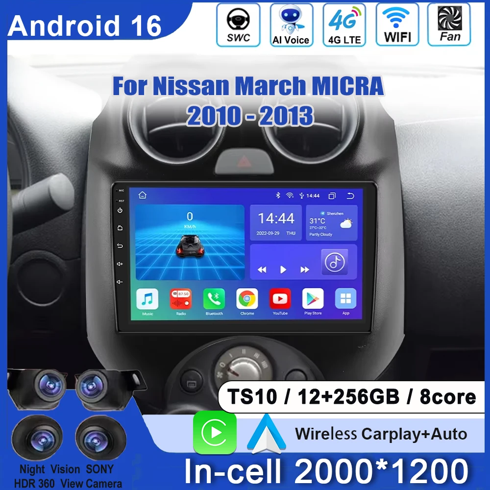 Radio para Auto Nissan March MICRA 2010 2011 2012 2013, Carplay, Android Auto, Reproductor Multimedia Estéreo, Control por Voz, Pantalla con WIFI 5G
