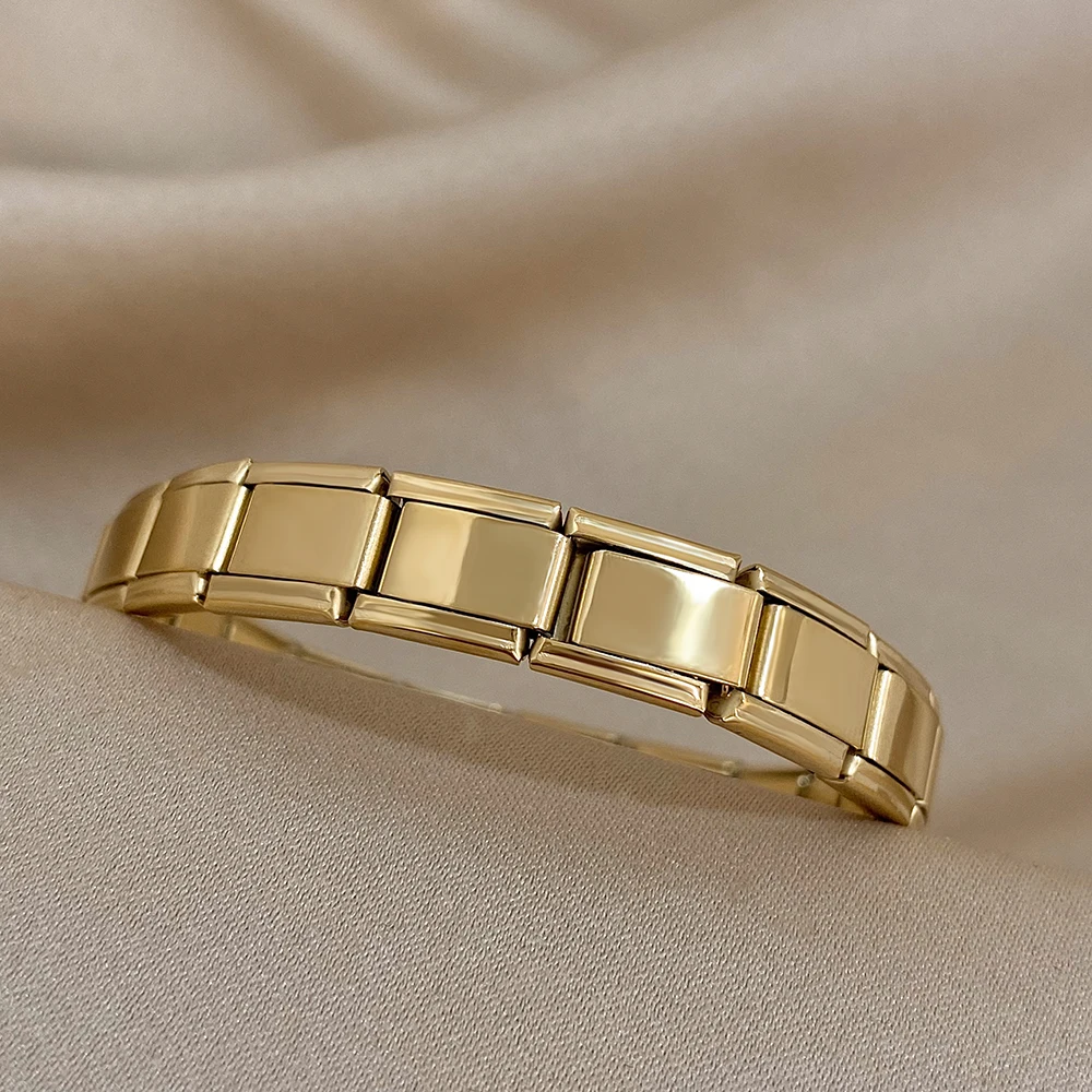 Italienisches Charm-Starter-Edelstahlarmband für Damen und Herren, dehnbares Armband, modulare Gliederkette, goldfarbener Armreif – Detail 4