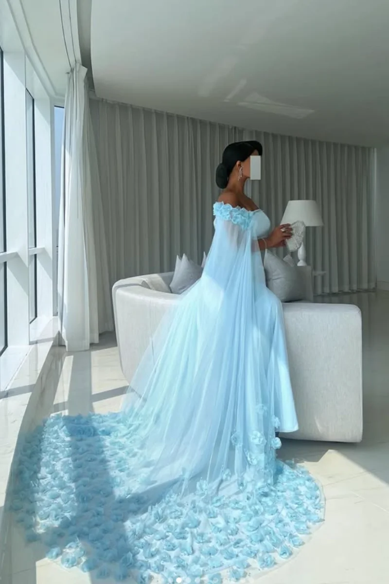 Annie lussuosi fiori fatti a mano in tulle abiti da ballo abiti da sera blu cielo sirena eleganti occasioni speciali da donna