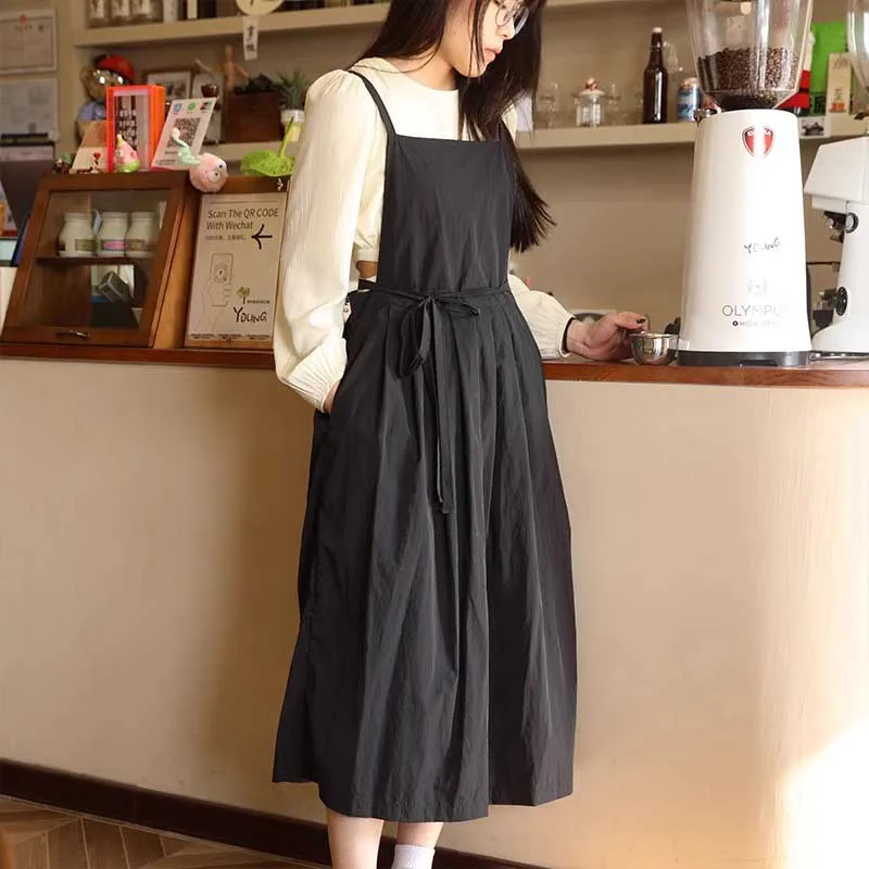 Lightweight Women's Kitchen Waterproof Apron with Pockets Pleated H-shaped Work Apron for Salon Nail Cafe Long Dress Pinafore