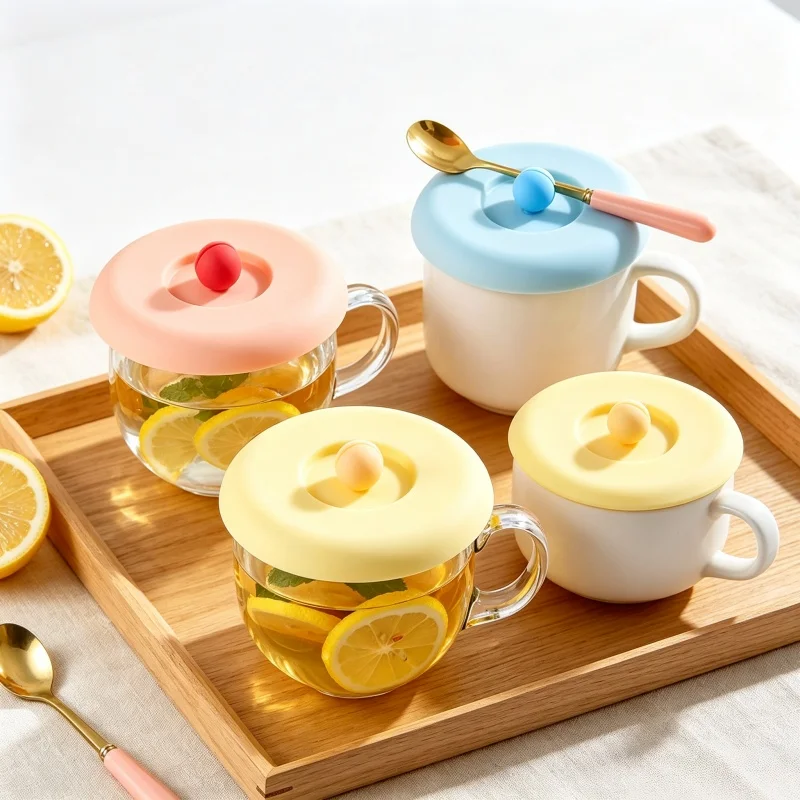 Silicone Cup Lid Anti‑Dust Mug Cover With Spoon Holder Reusable Heat Resistant Sealing Lid For Coffee Tea Mugs