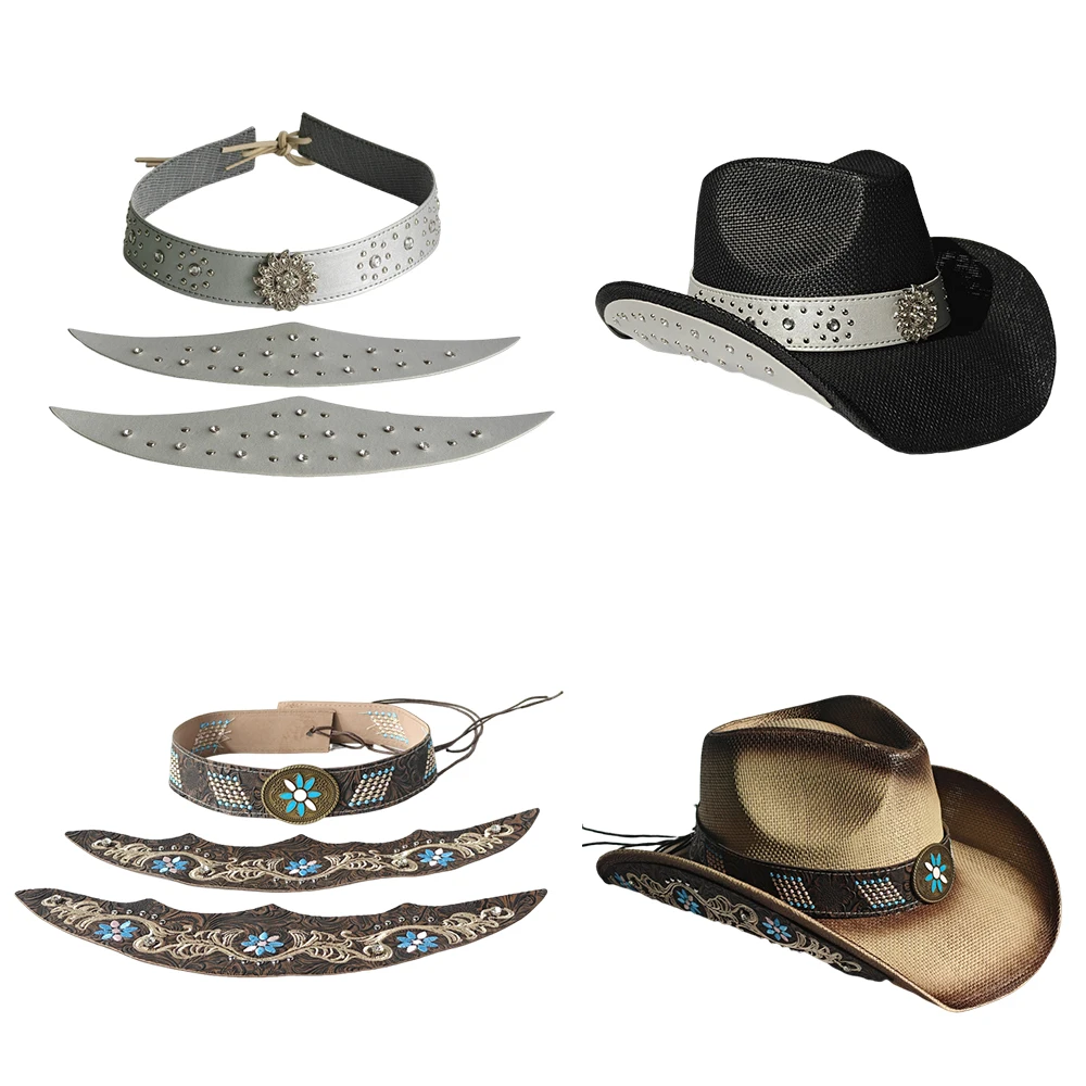 قبعة رعاة البقر ثلاث قطع مجموعة اكسسوارات عصرية مطرزة Hatband الرجال والنساء قبعة القش اكسسوارات الديكور في الهواء الطلق