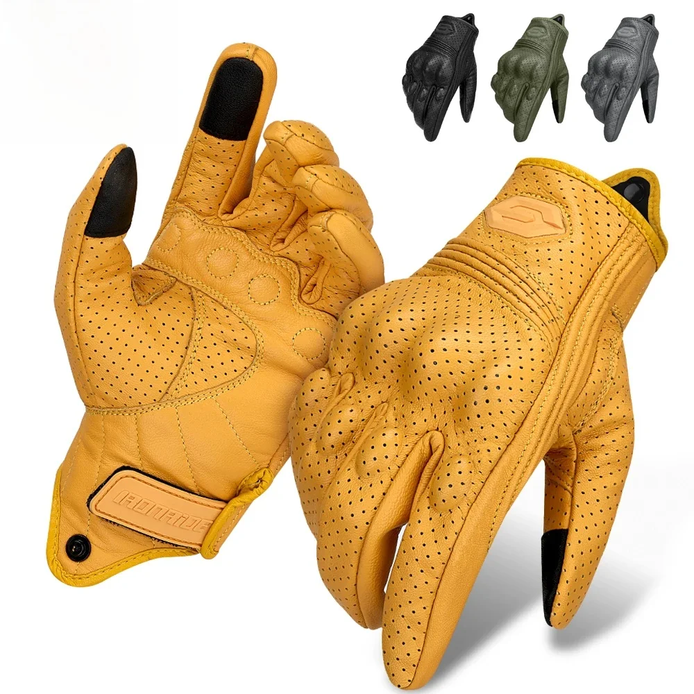 Vintage-Motorradhandschuhe, perforiertes Leder, Netzfutter, bequeme Passform für Männer und Frauen, Retro-Klassiker-Stil, rutschfester Griff