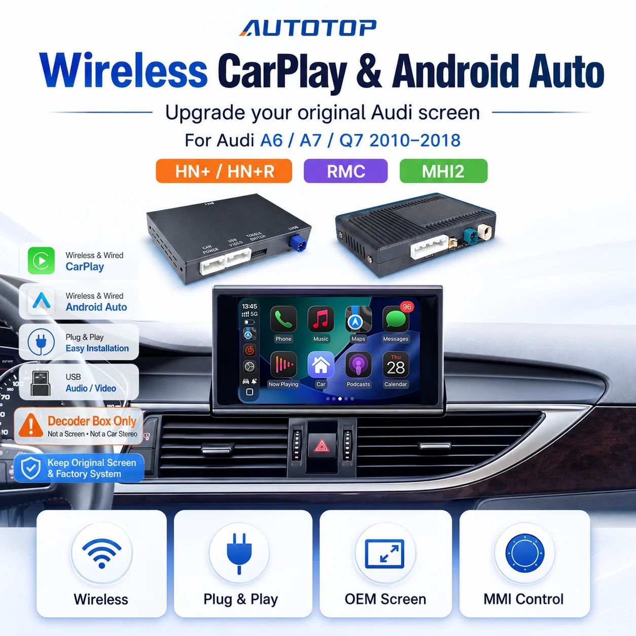 Décodeur AUTOTOP CarPlay sans fil et Android Auto pour Audi A6 A7 HN HN+ / Système MHI2 / RMC C7 S6 RS6 A7 RS7 Q7 4L MMI 3G, interface de rétrofit pour écran d'origine, AirPlay, MirrorLink, Bluetooth, AUX, USB, caméra OEM, commande au volant