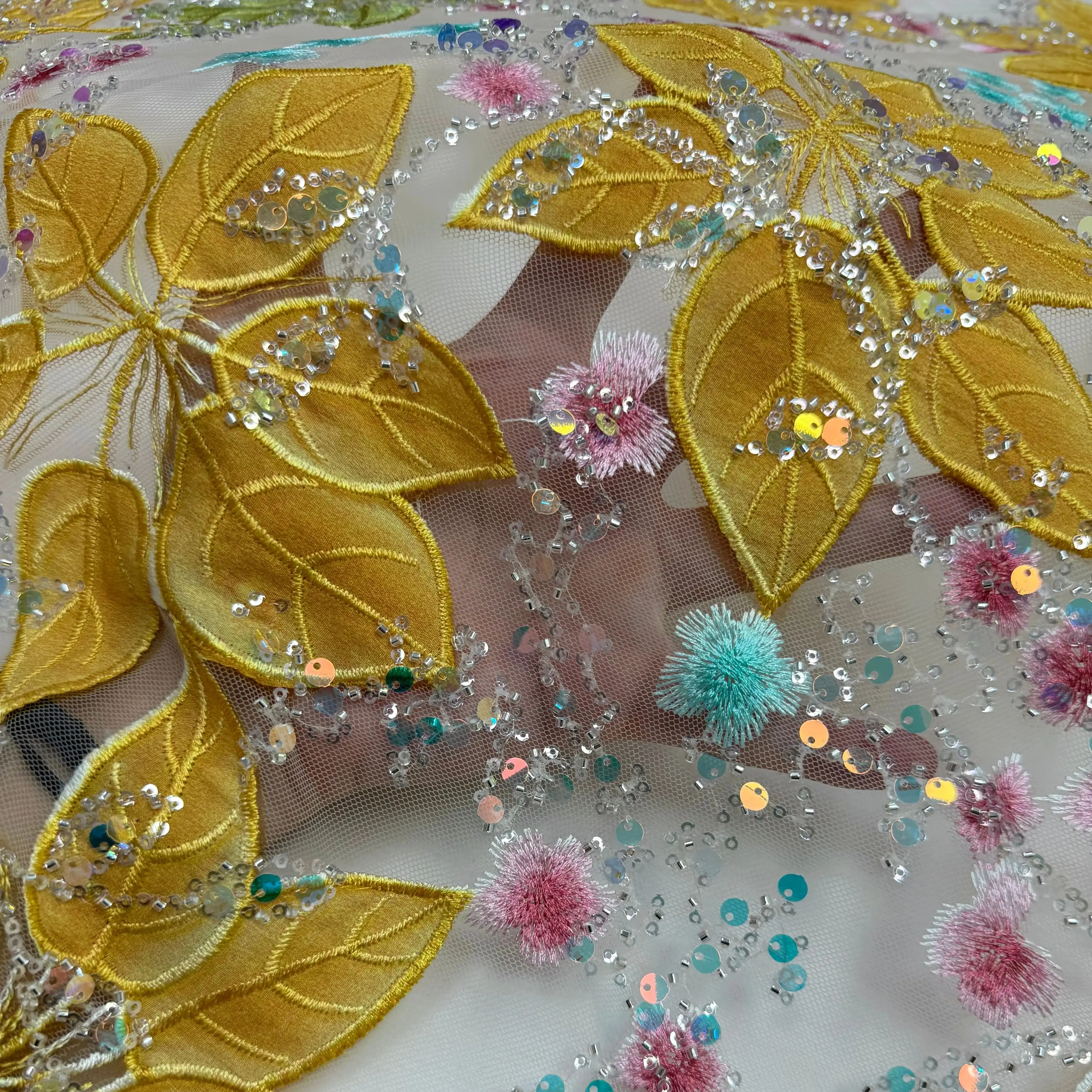 

Hot sale French Glitter Sequin Printed Lace Fabric Mesh European Floral Design High Quality Material For Sewing Prom Dress